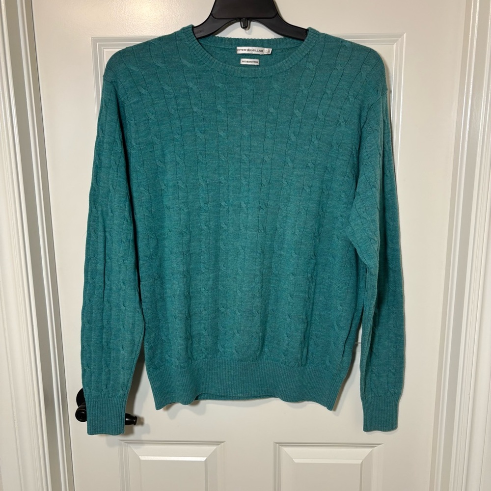 Peter Millar Turquoise Crewneck Wool Cable Knit Sweater Size L